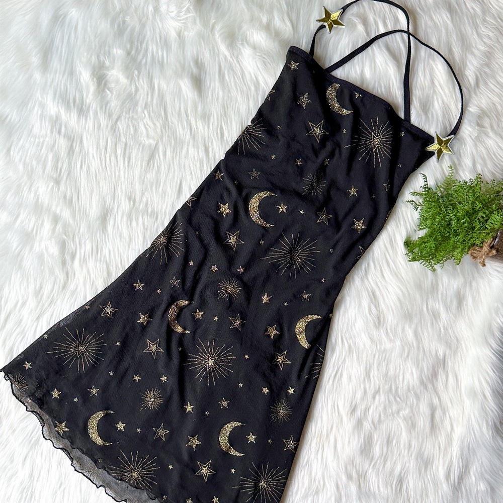 Dolls Kill Trickz N’ Treatz | Among The Stars Gold Moon Celestial Mini Dress XL